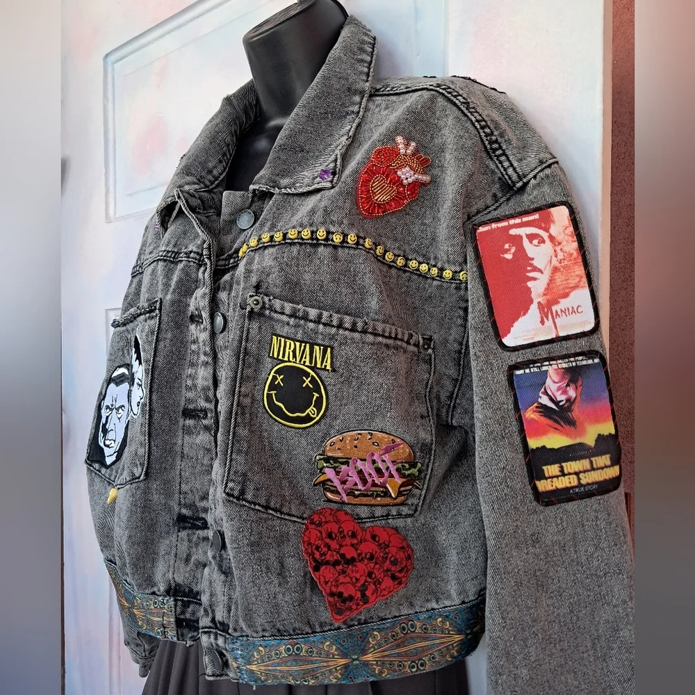 Custom RAGE Horror Cropped Grey Denim Jacket! OOAK Unique Fandom Wear! Friday 13 - Picture 12 of 16